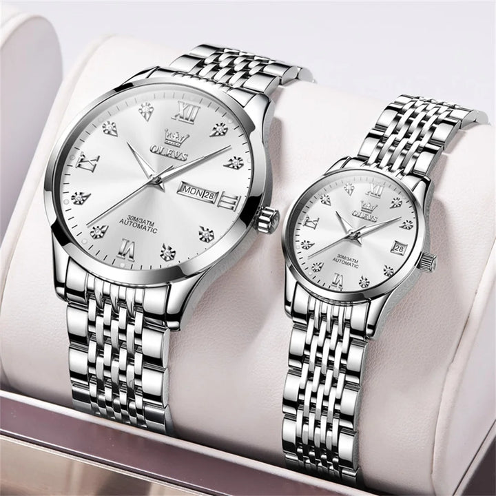 OLEVS 6673 White Lovers Automatic Watch Silver Stainless Steel Bracelet Luminous Calendar Mechanical Wristwatch Women