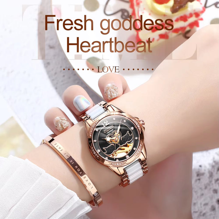 8831 Ceramic Swan Pattern Mechanical Watch Advanced Style Three Colors Women Watch