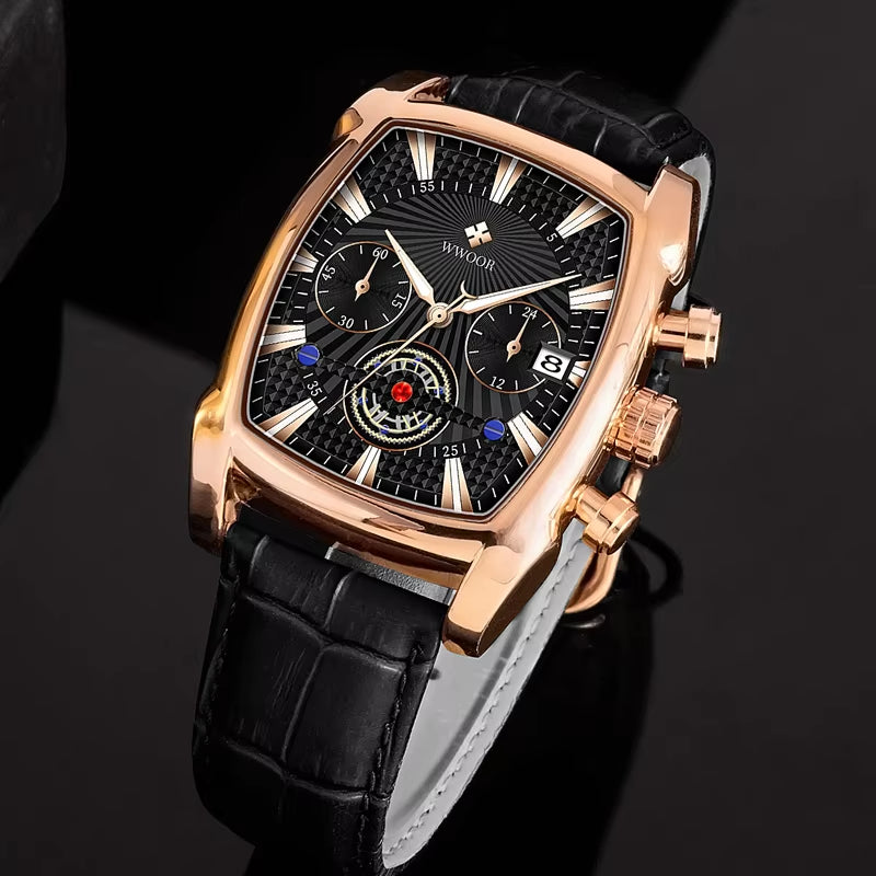 Brand 8843 Men's Luxury Quartz Watch with Luminous Hands, Fashionable Square Design, Leather Band, Waterproof Sports Timepiece