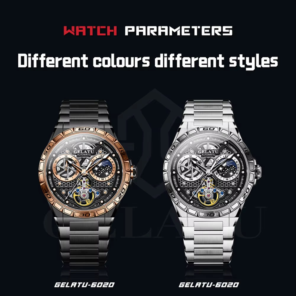 6020 Custom Logo Luxury Watch - Automatic Mechanical Timepiece with Hollow Design, Luminous Features, and Waterproof Capability for Men