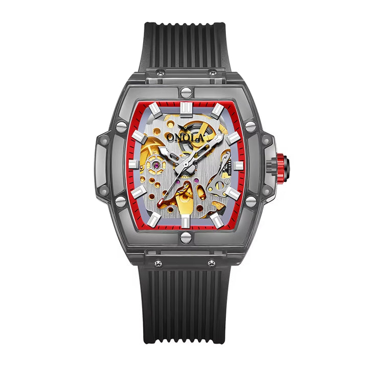 Luxury Men's Automatic Watch - Custom Red Waterproof Mechanical Timepiece