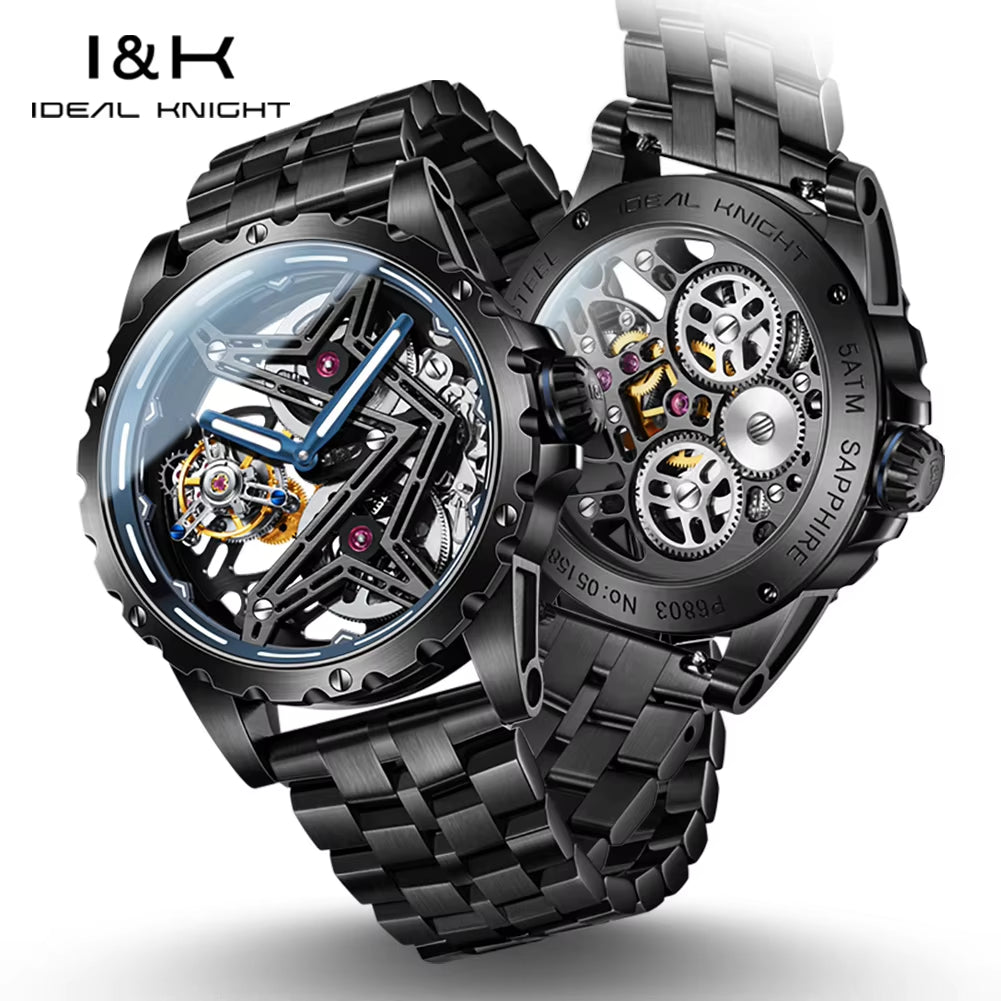 I&K 6803 Automatic Mechanical Wrist Watches Skeleton Tourbillon Self Winding Watches Fashion Casual Sport Luminous Men Watch