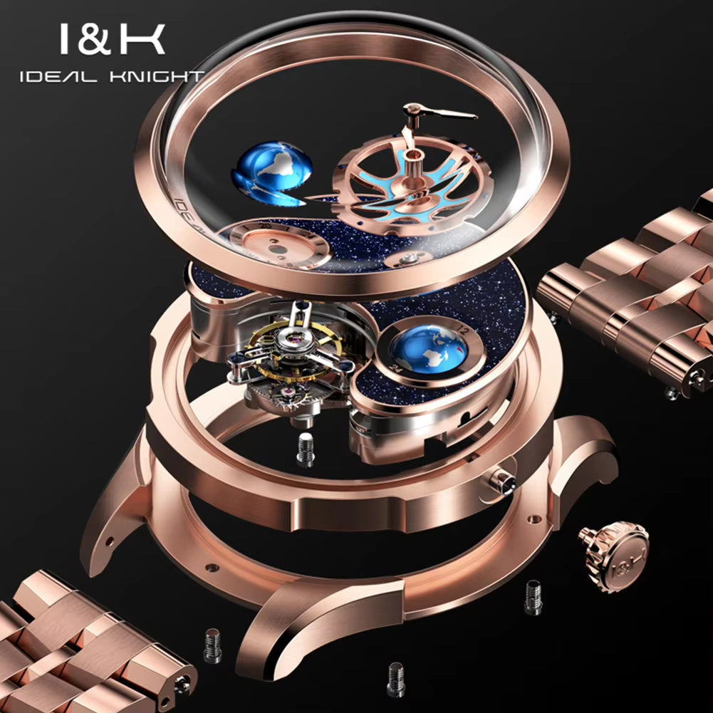 I&K 6808 High End New 316L Stainless Steel Watch GMT Tourbillon Automatic Movement Mechanical Watches for Men Blue Earth Series