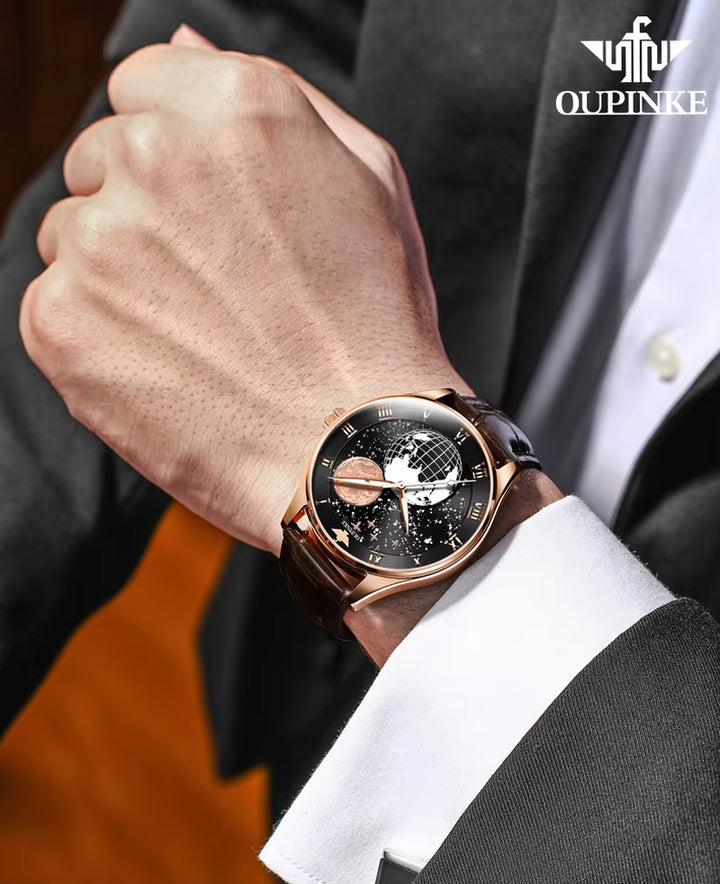 OUPINKE 3177 Popular Products Genuine Leather Watch Earth Universe Wristwatches Automatic Mechanical Watches for Men