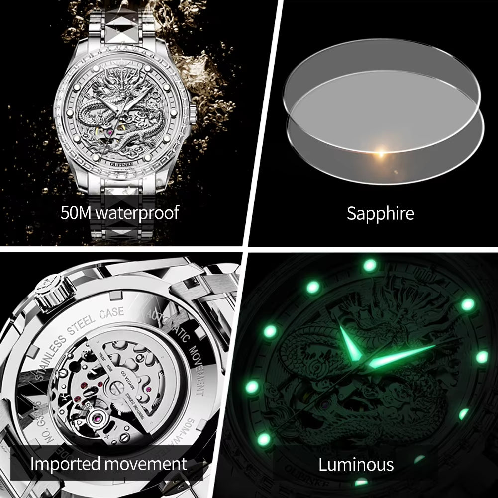 3276 Custom Skeleton Hollow Logo Luxury Stainless Steel Automatic Mechanical Watch for Men