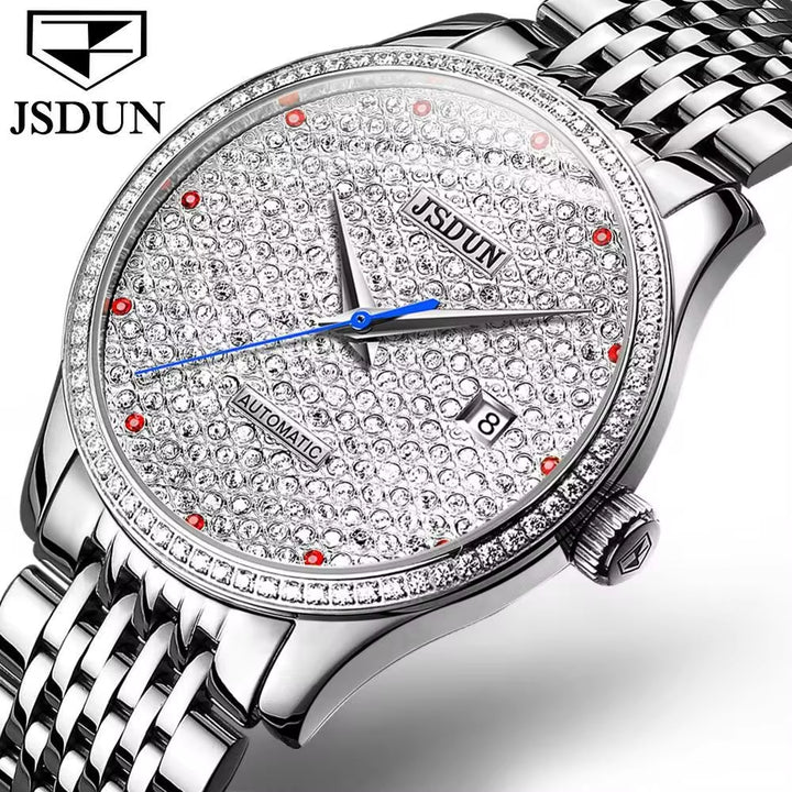 8815 Men Diamondh Automatic Mechanical Water Watch for Resistant Stainless Steel Band Fashion Business Date Hand Clock