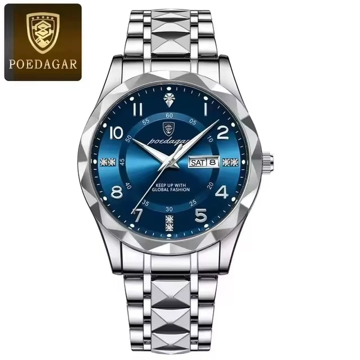 2024 POEDAGAR 858 Men's Waterproof Luminous Quartz Wristwatch with Date and Week Display - Sport Stainless Steel Design