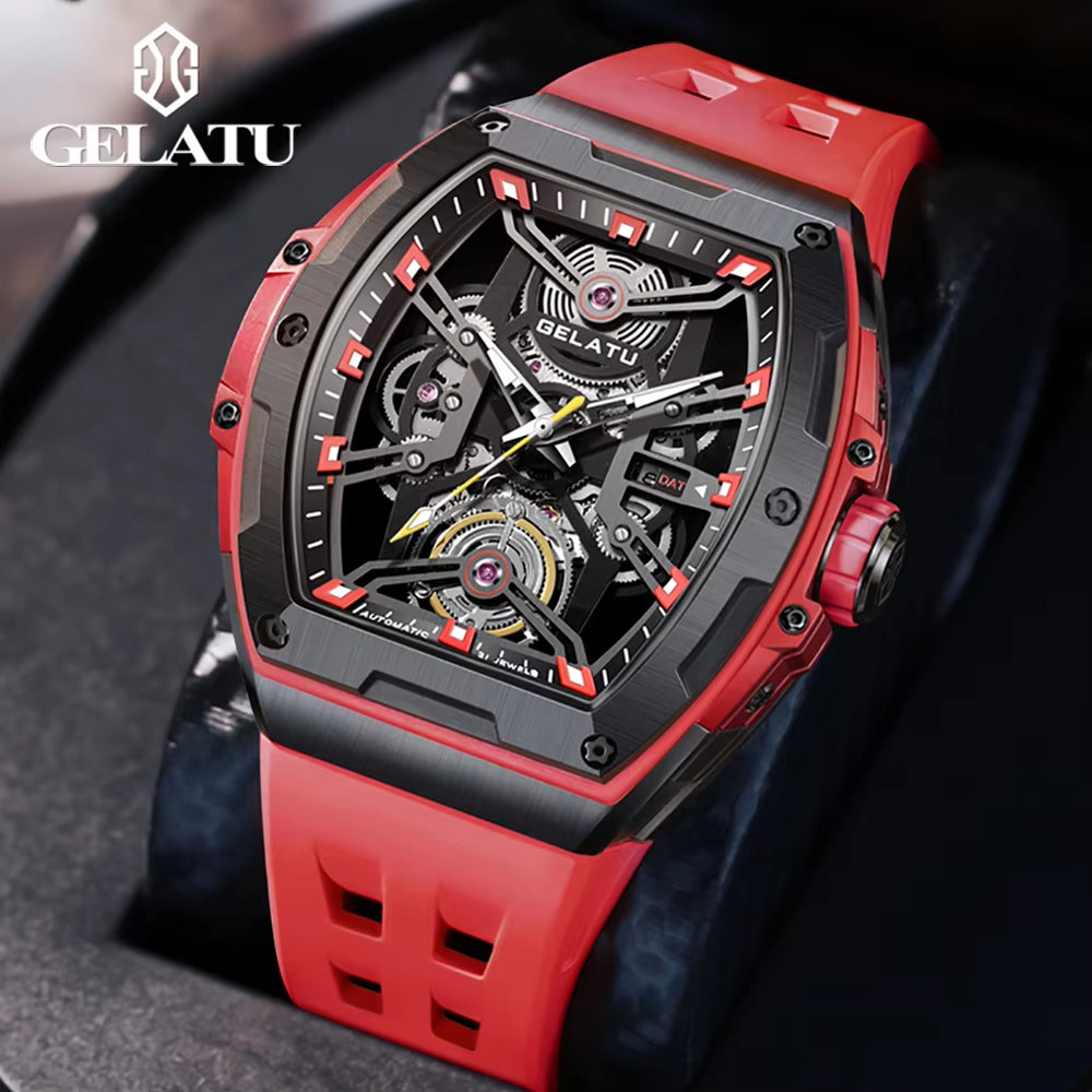 6012 Stock Available Rectangle Fashion Sport Watch 316L Stainless Steel Case Silicone Strap Mechanical Watches Men