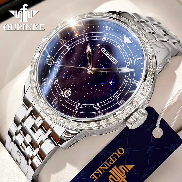 3203 All Stars Blue Galaxy Stainless Steel Calendar Window Waterproof 50M Fashion Mechanical Watch Men'S High Level