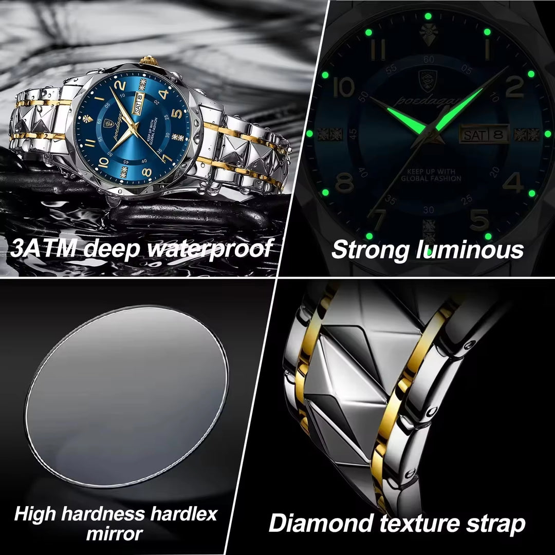 2024 POEDAGAR 858 Men's Waterproof Luminous Quartz Wristwatch with Date and Week Display - Sport Stainless Steel Design