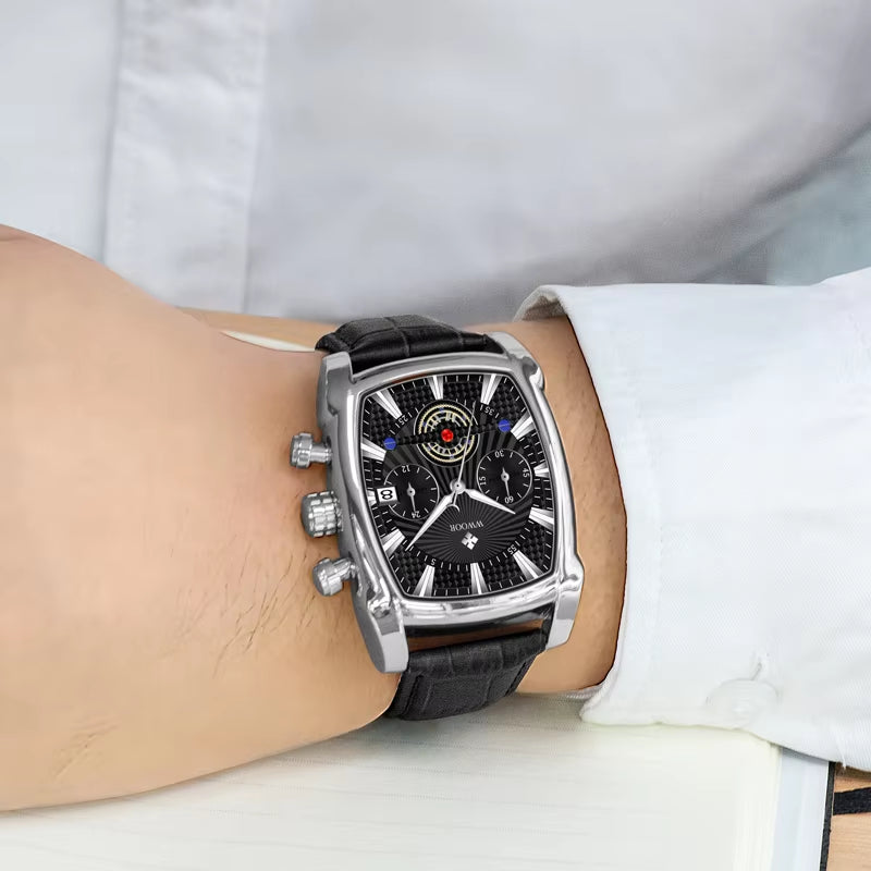 Brand 8843 Men's Luxury Quartz Watch with Luminous Hands, Fashionable Square Design, Leather Band, Waterproof Sports Timepiece