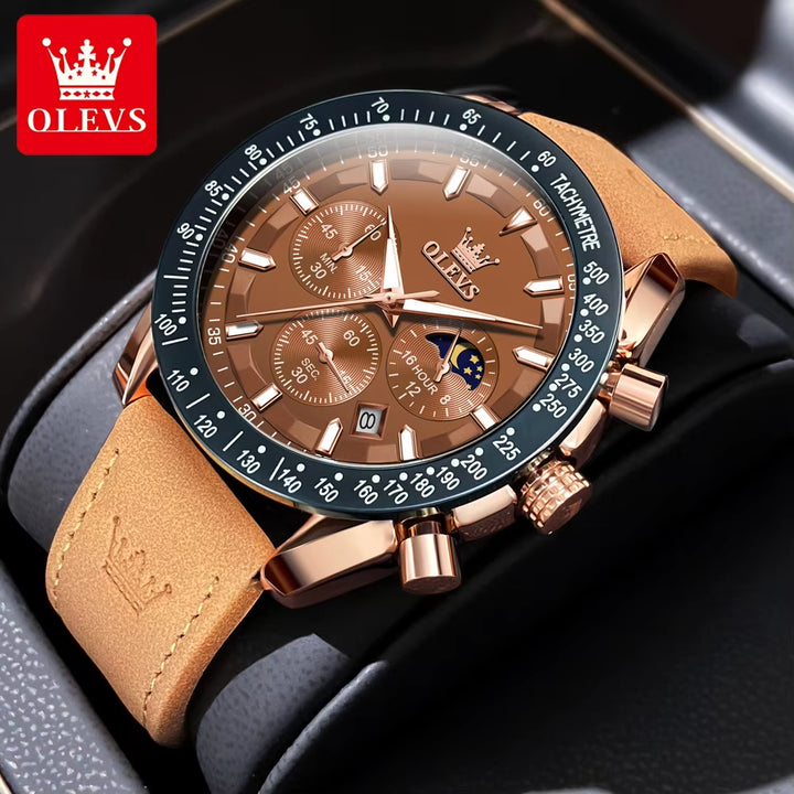 9957 Luxury Men's Multi-Function Quartz Watch with Premium Leather Strap