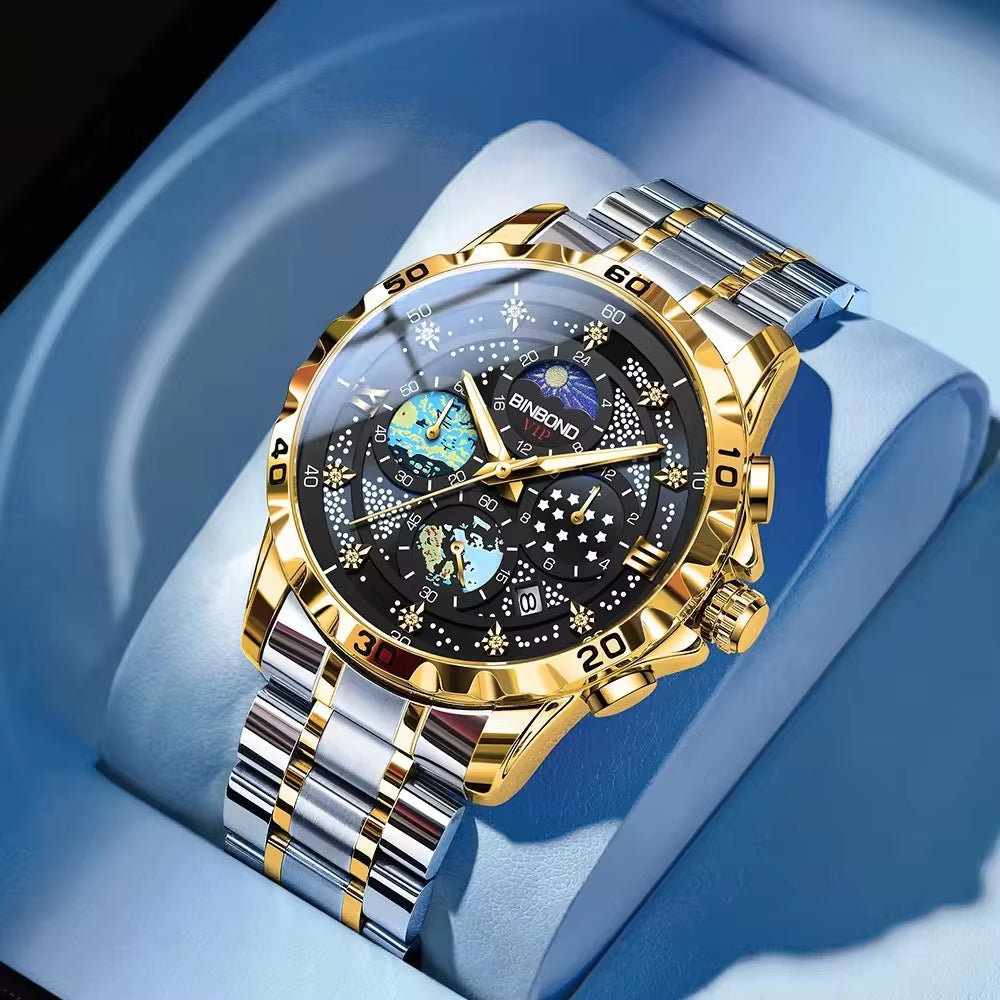 Luxury Men's 3225 Starry Sky Quartz Watch - Waterproof, Luminous Stainless Steel Timepiece with Date Function