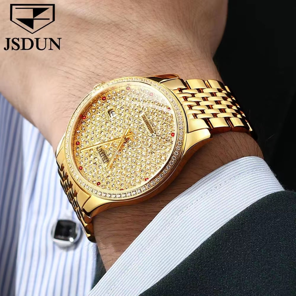 8815 Men Diamondh Automatic Mechanical Water Watch for Resistant Stainless Steel Band Fashion Business Date Hand Clock