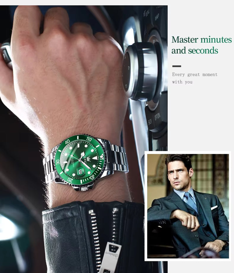 Men's Luxury Stainless Steel Quartz Watch - Waterproof Green Luminous Wristwatch