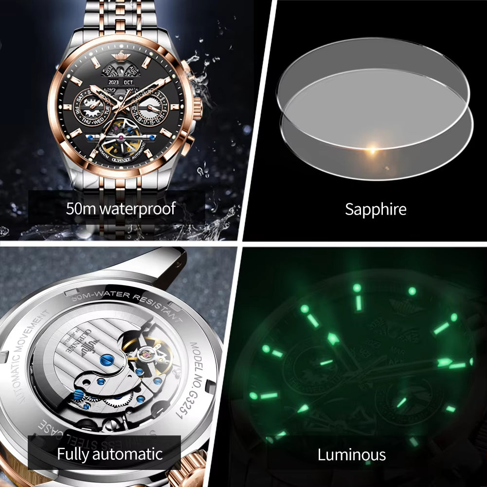 OUPINKE 3251 Custom OEM Logo Waterproof Tungsten Steel Classic Hollowed-Out Skeleton Automatic Mechanical Luxury Watch for Men