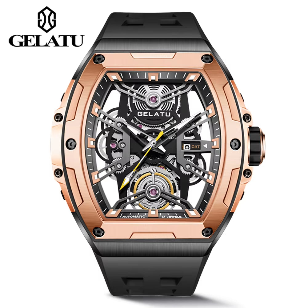 6012 Stock Available Rectangle Fashion Sport Watch 316L Stainless Steel Case Silicone Strap Mechanical Watches Men