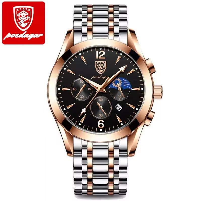 Luxury Men's Stainless Steel Quartz Watch with Date, Waterproof, and Luminous Features - Korean Fashion Design