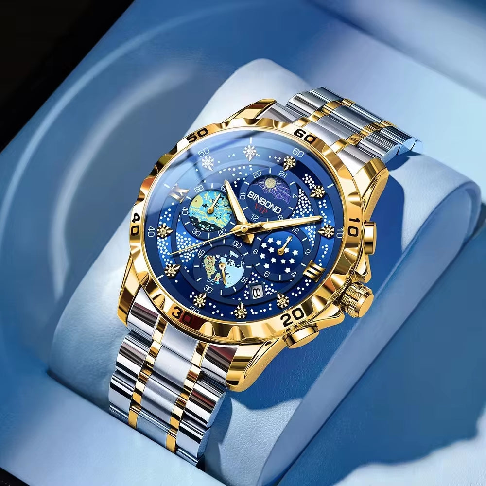 Luxury Men's 3225 Starry Sky Quartz Watch - Waterproof, Luminous Stainless Steel Timepiece with Date Function