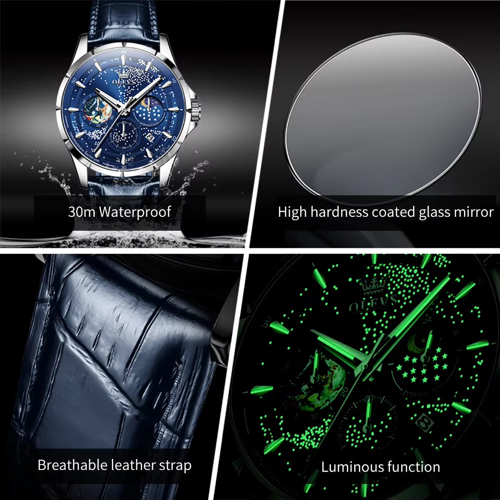 5538 Men's Luxury Quartz Watch with Diamond Design and Luminous Moon and Star Features