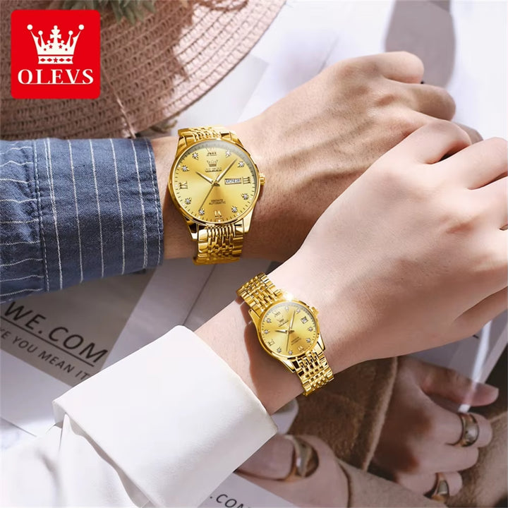 OLEVS 6673 White Lovers Automatic Watch Silver Stainless Steel Bracelet Luminous Calendar Mechanical Wristwatch Women