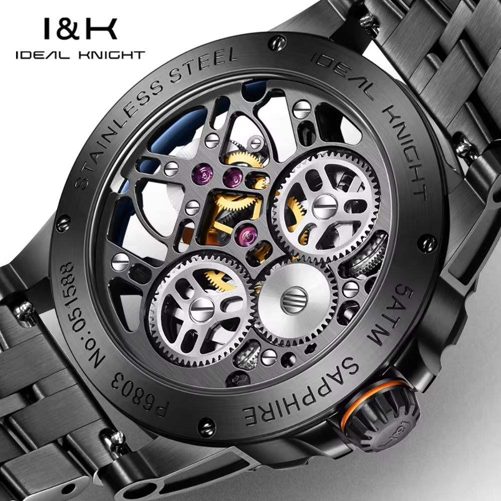 I&K 6803 Automatic Mechanical Wrist Watches Skeleton Tourbillon Self Winding Watches Fashion Casual Sport Luminous Men Watch