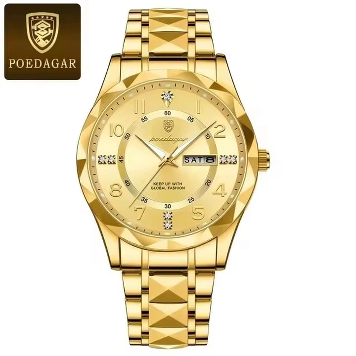 2024 POEDAGAR 858 Men's Waterproof Luminous Quartz Wristwatch with Date and Week Display - Sport Stainless Steel Design