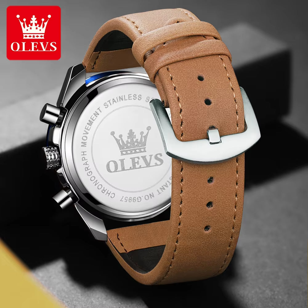 9957 Luxury Men's Multi-Function Quartz Watch with Premium Leather Strap