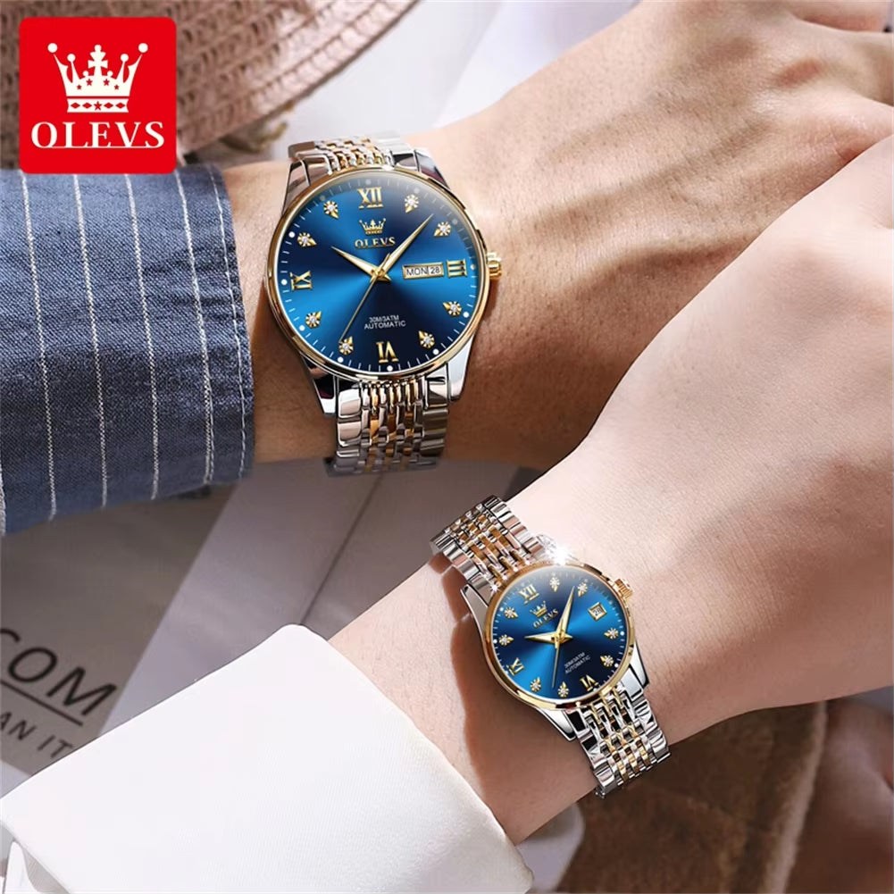 OLEVS 6673 White Lovers Automatic Watch Silver Stainless Steel Bracelet Luminous Calendar Mechanical Wristwatch Women