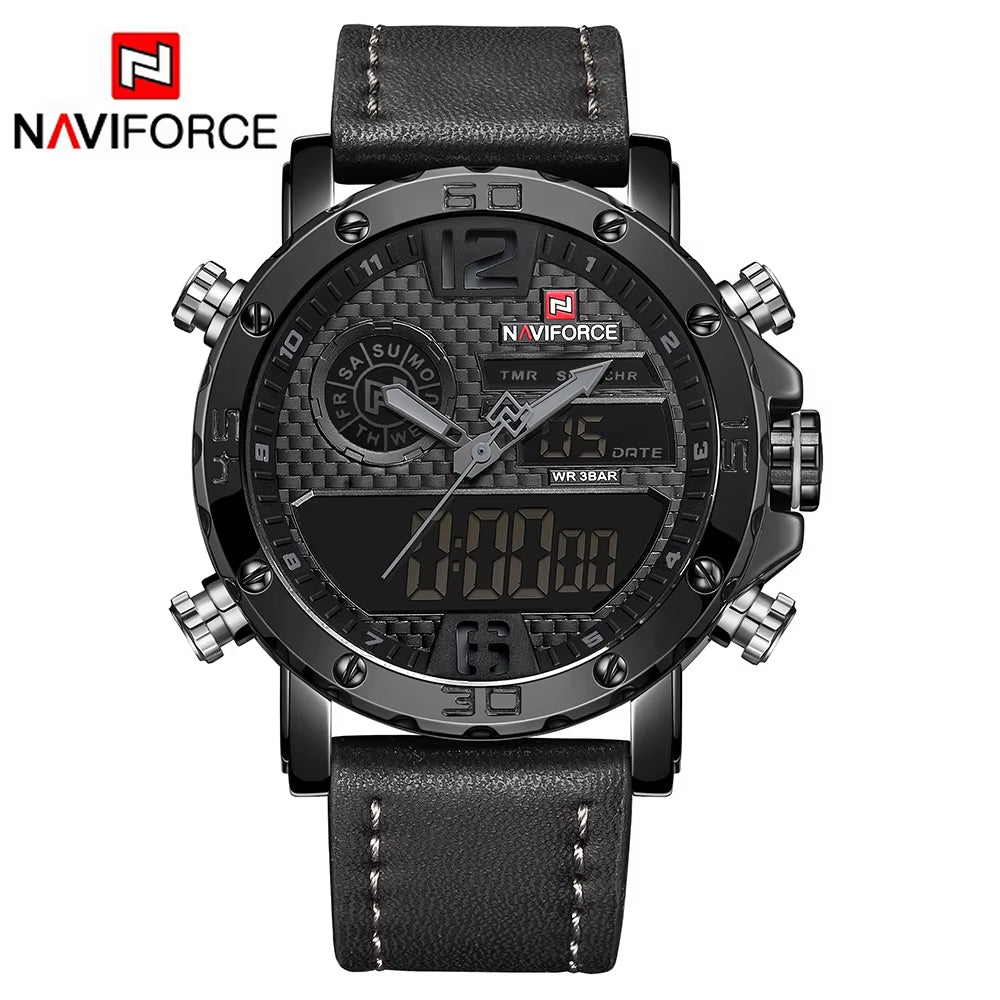 Luxury  9134 Men'S Business Leather Wrist Watch Dual Time Quartz Digital Clock Sports Waterproof Men Led Watch