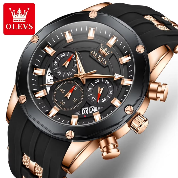 9991 Chronograph Quartz Watch for Men Fashion Casual Silicone Strap Auto Date Square Dial Sport Luminous Wristwatch