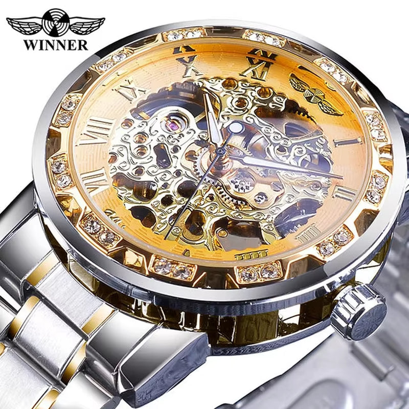 Winner Transparent Luxury Mechanical Skeleton Watch for Men with Diamond Accents and Royal Design