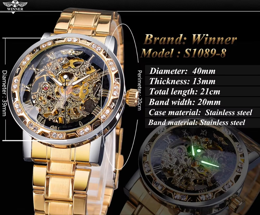 Winner Transparent Luxury Mechanical Skeleton Watch for Men with Diamond Accents and Royal Design