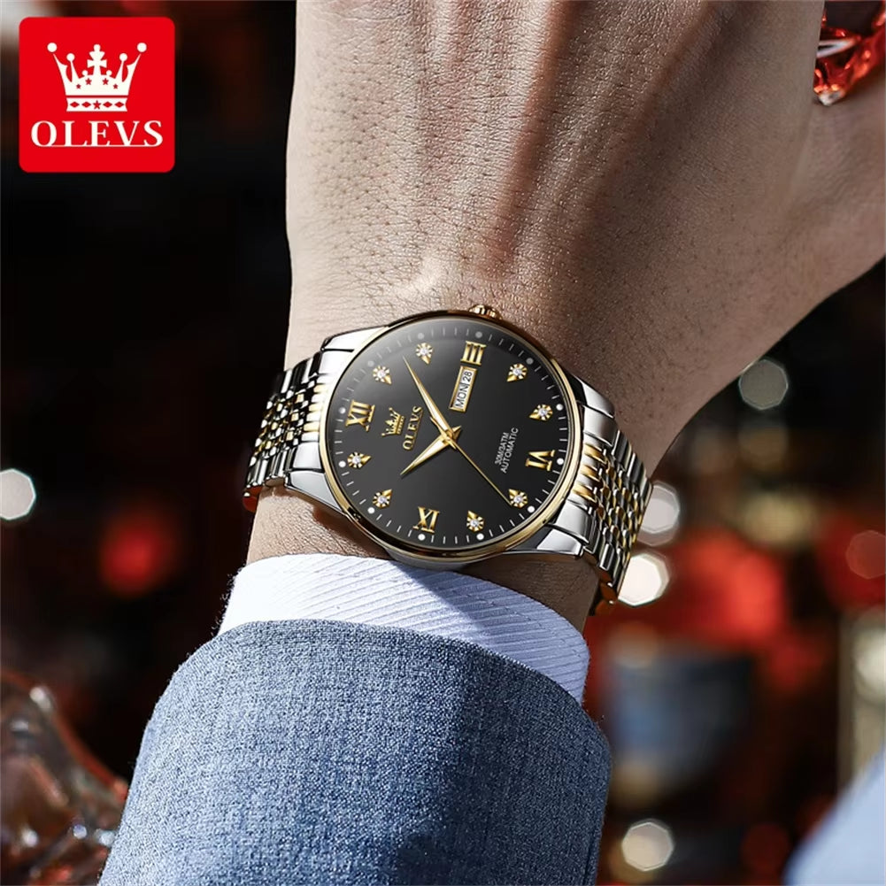 OLEVS 6673 White Lovers Automatic Watch Silver Stainless Steel Bracelet Luminous Calendar Mechanical Wristwatch Women