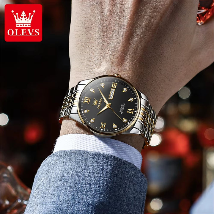 OLEVS 6673 White Lovers Automatic Watch Silver Stainless Steel Bracelet Luminous Calendar Mechanical Wristwatch Women