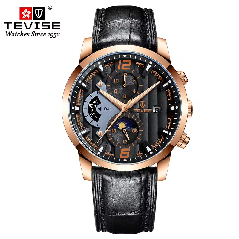 T850B Double Calendar Moon Phase Chronograph Multiple Time Zone Automatic Leather Watch for Men