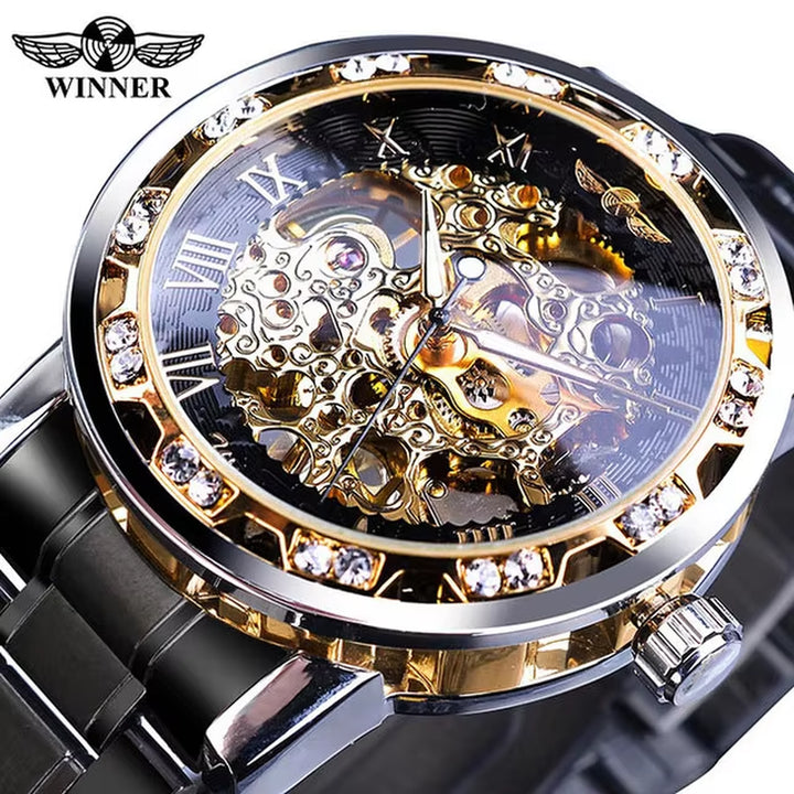 Winner Transparent Luxury Mechanical Skeleton Watch for Men with Diamond Accents and Royal Design