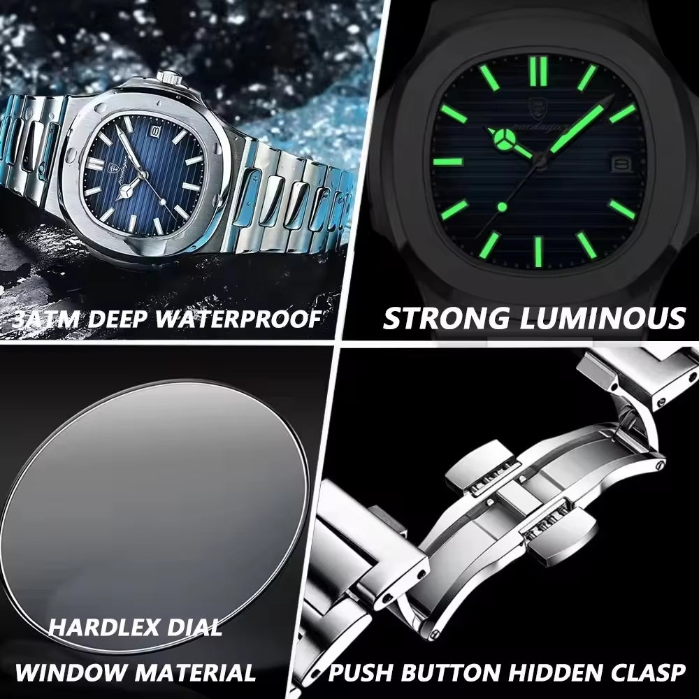 Luxury 613 Waterproof Men's Quartz Watch with Luminous Date Display and Stainless Steel Square Design